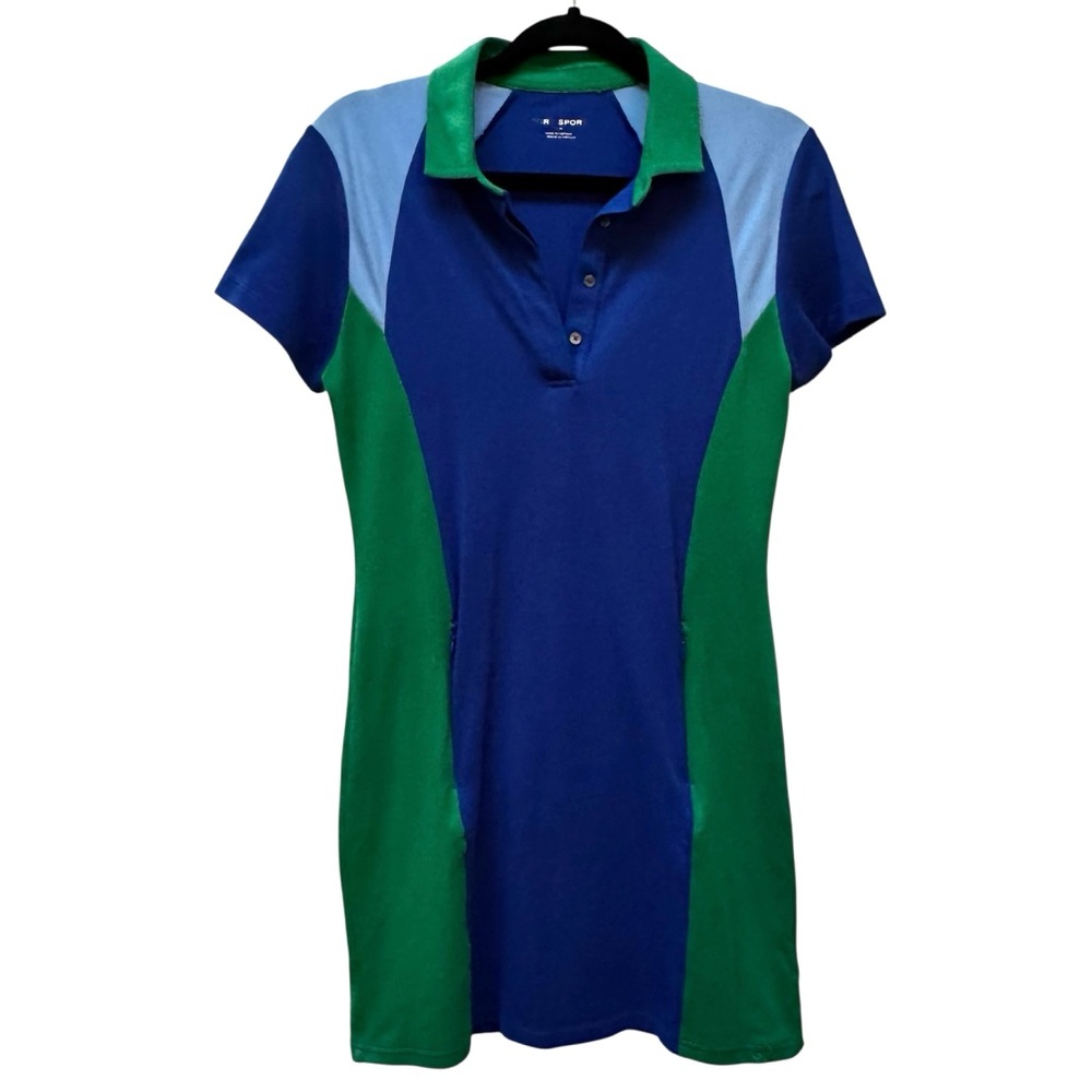 Tory Burch Sport Colorblock Pique Polo Dress Green Blue - Picture 2 of 7